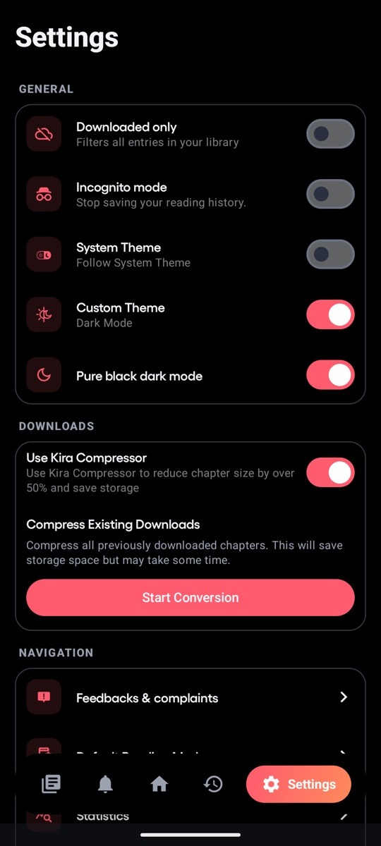 The real Kira Settings screen